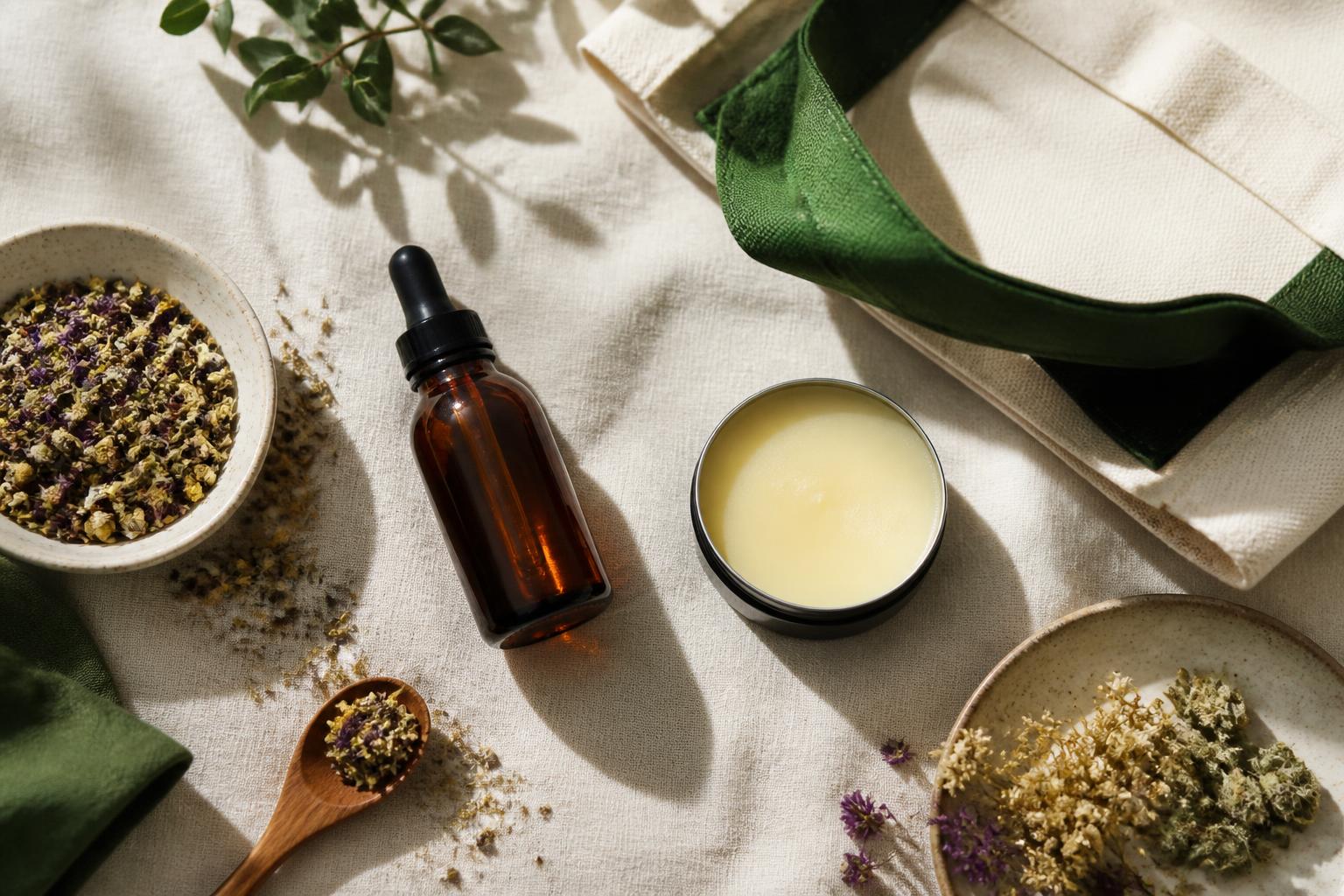 Amber dropper bottle, balm tin, herbal tea and a hemp tote on a linen surface